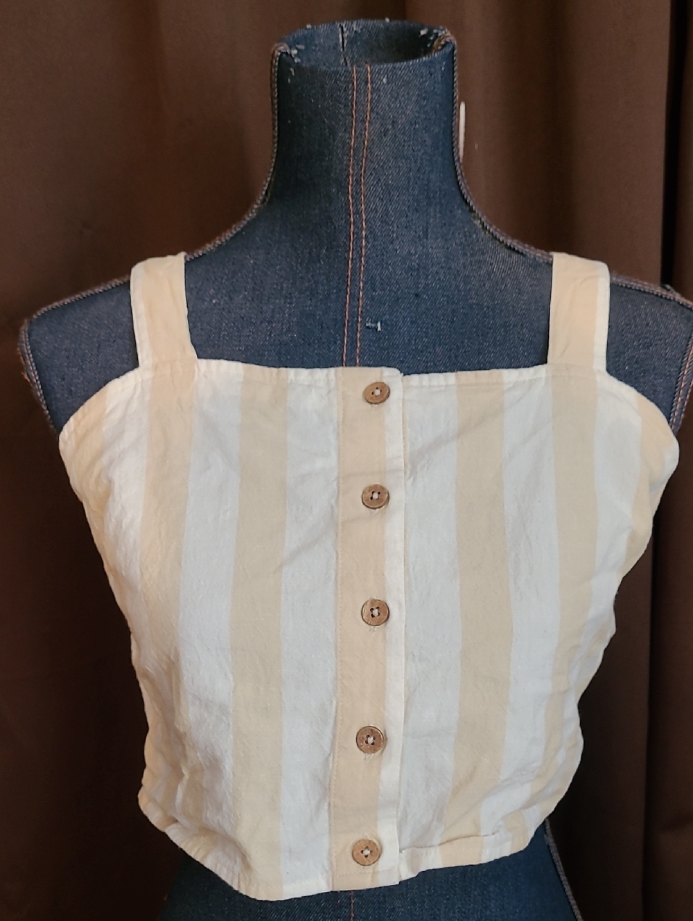 Billabong Beige and White Striped Button-Front Crop Top